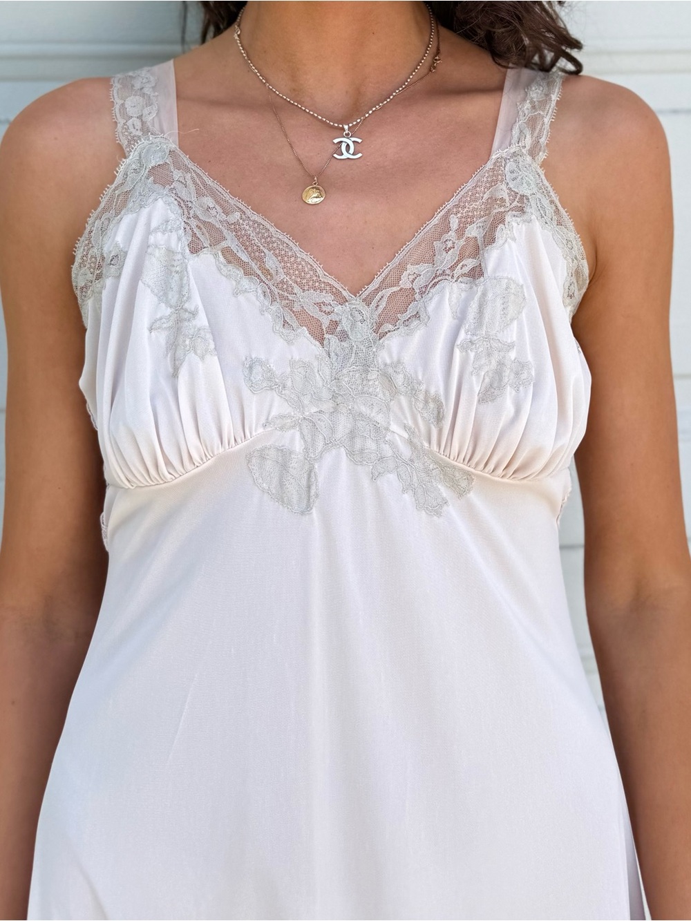Vintage 60s Nightgown Maxi Slip Dress Lace-Trim Long Chemise Slip in Cream Ecru - Picture 3 of 14
